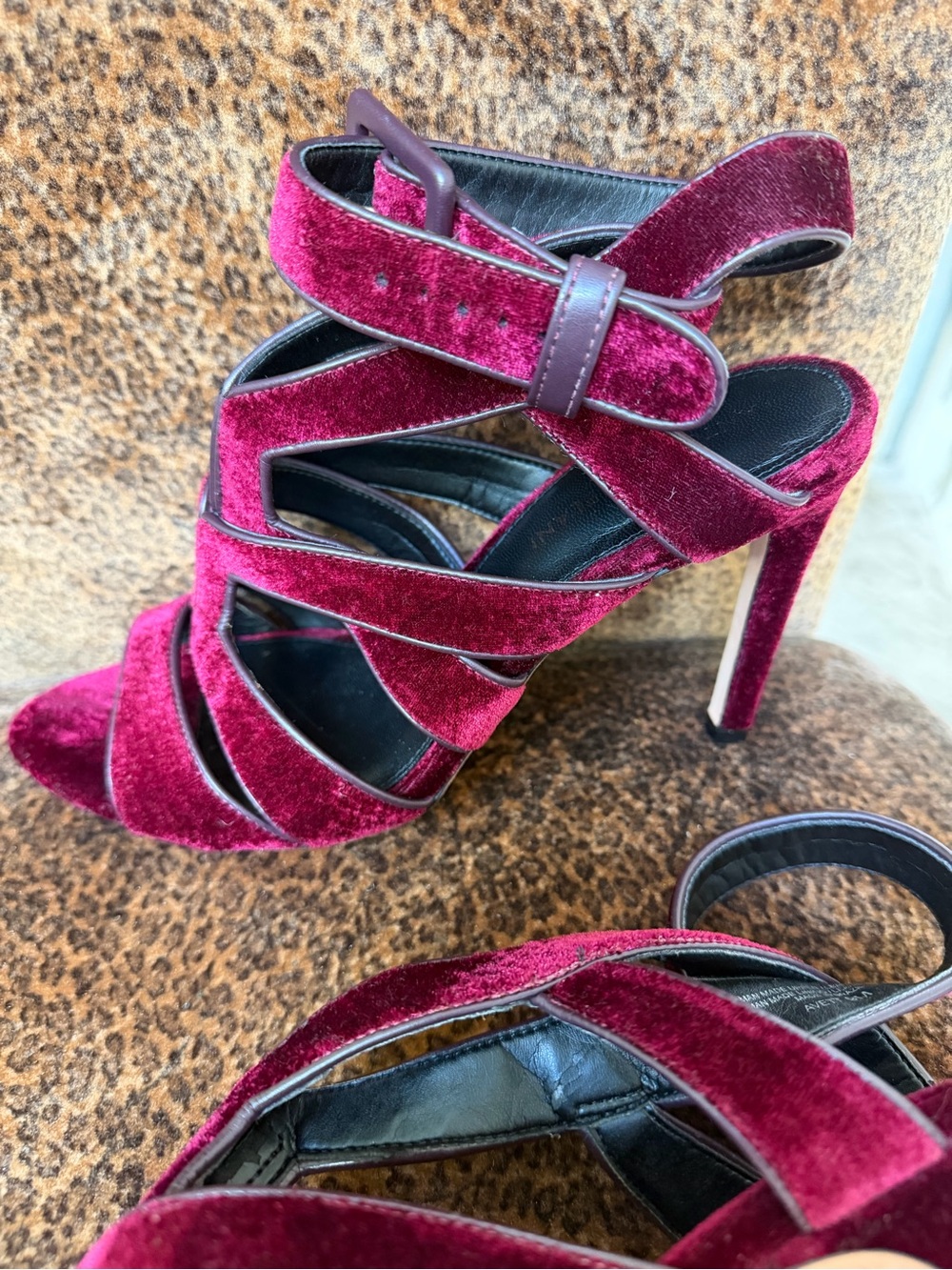 ANTONIO MELANI Burgundy Velvet Strappy Stiletto Sandals